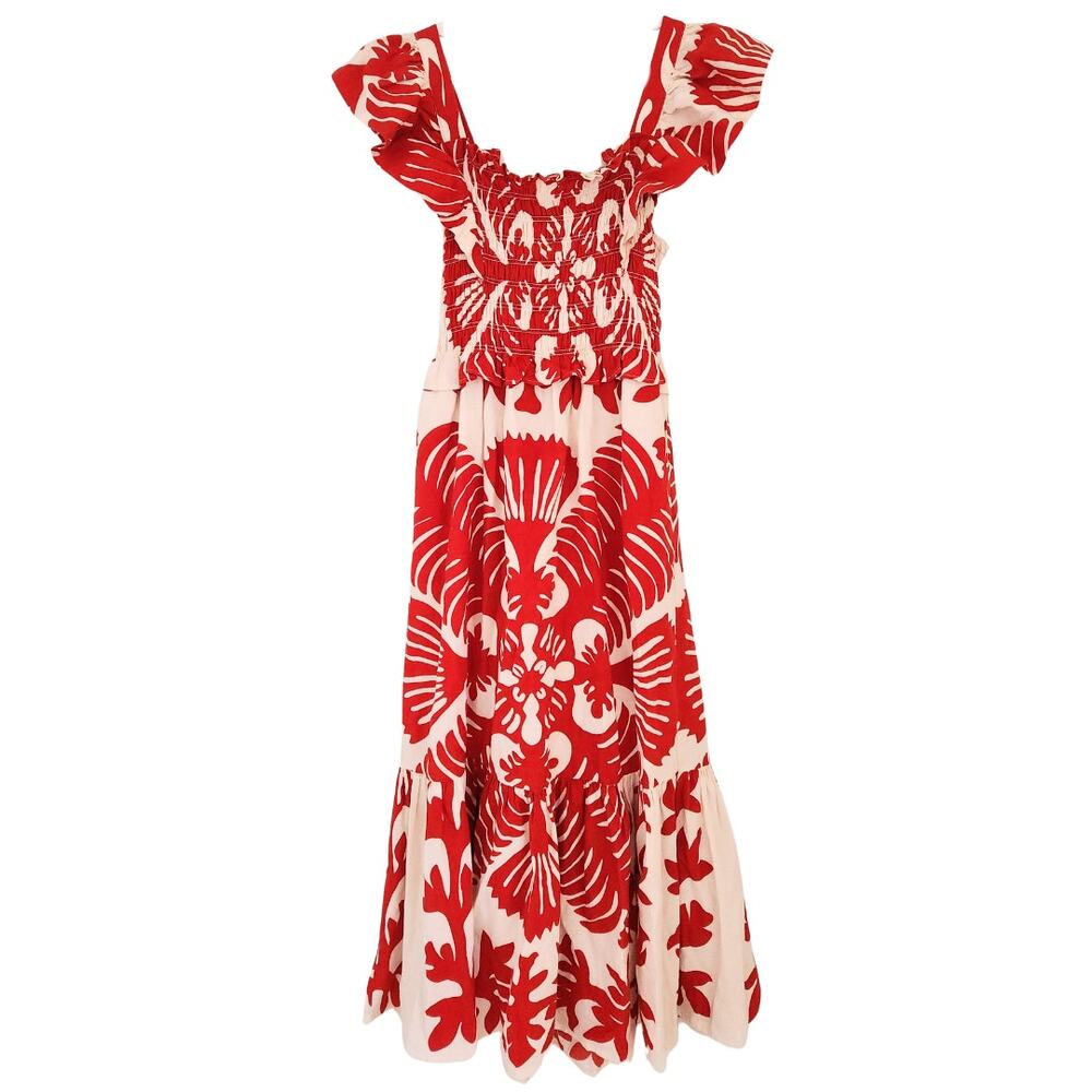 SEA‎ NY Maxi Dress Henrietta Ruby Red White Floral Smocked Bow Cutout Back Sz M - Picture 4 of 11